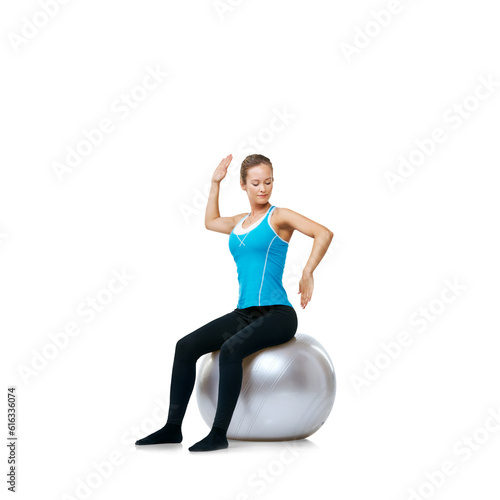 Pilates, balance and woman on ball, sitting and body training isolated on transparent png background. Fitness, workout and girl stretching for health, wellness and sports motivation with commitment.