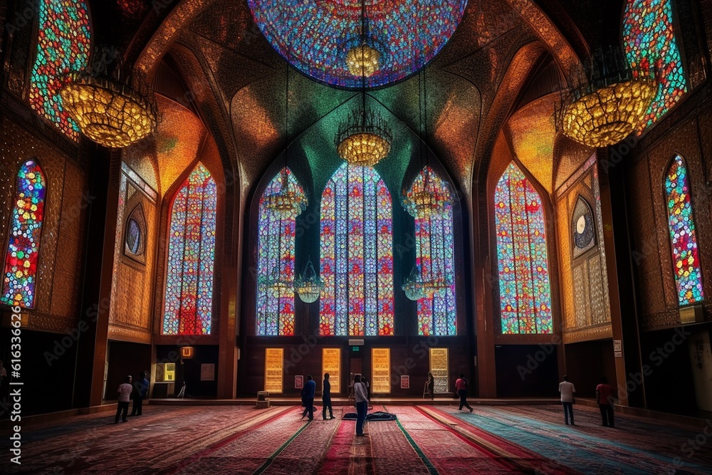 Stunning Mosque with Intricate Geometric Patterns and Vibrant Colors Celebrating Eid Created with Generative AI
