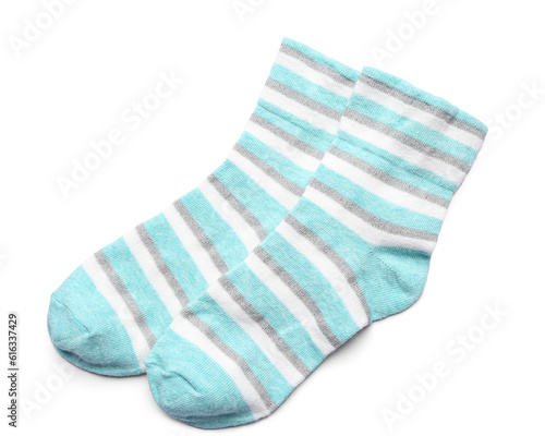 Pair of soft socks on white background