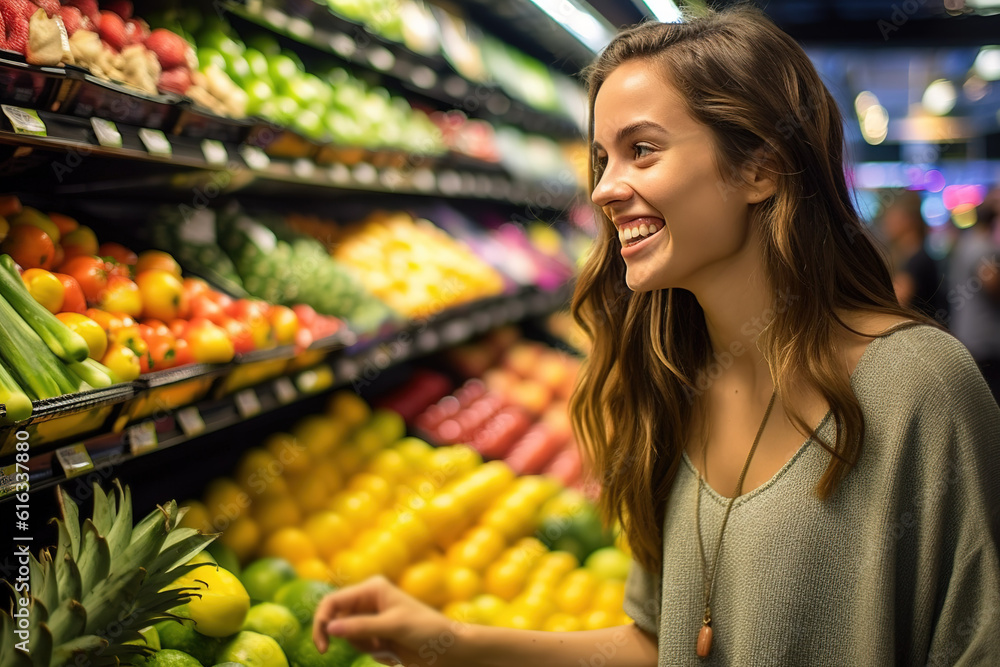 woman smiling and shopping in the supermarket, fruit and vegetable on the shelf, Generative AI image.