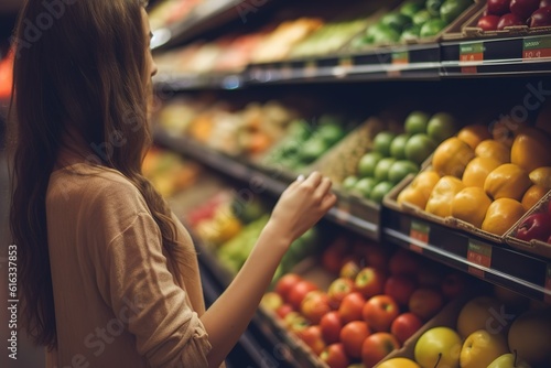 woman shopping in the supermarket  food on shelf  Generative AI image.