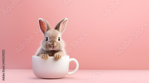 Cute fluffy bunny rabbit in a coffee cup on pastel pink background with copy space, coffee time © Elena