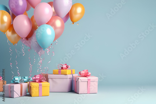 Birthday festive background with colorful presents and balloons, space for text. © Elena