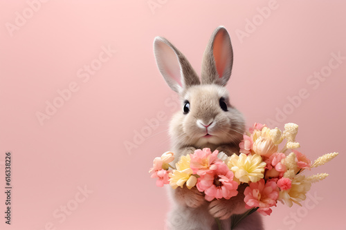 Cute bunny holding bouquet of flowers on pale pink background with copy space.