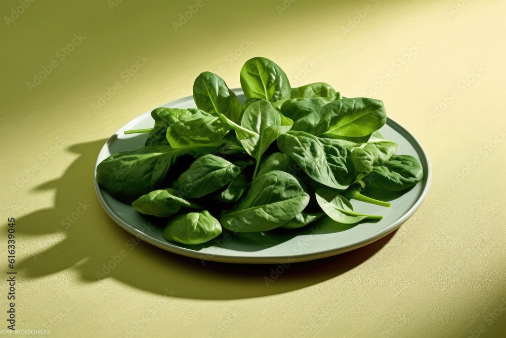 Fresh raw spinach on a plate. Generative AI Fresh raw spinach on a plate. Generative AI