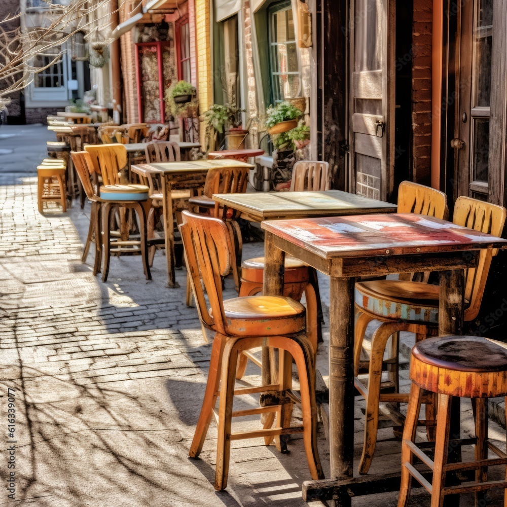 Bar tables and chairs are on the street. Generative AI