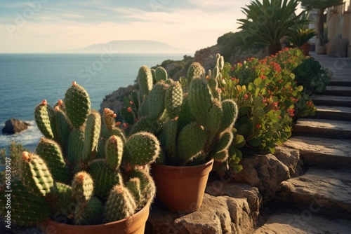 Cactus plants  succulent outdoors on mediterranean coast. Generative AI