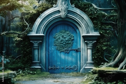 Blue fantasy ancient door in the park. Generative AI