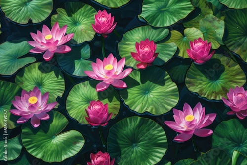 Lotus or red water lily in garden pond. Generative AI
