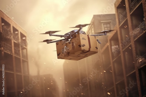A drone carrying a package ready for delivery. Generative AI