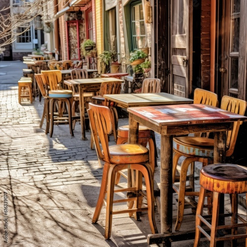 Bar tables and chairs are on the street. Generative AI © kardaska
