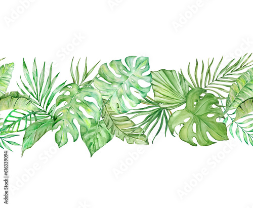 Seamless border with watercolor tropical leaves