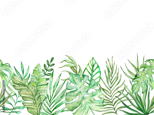 Frame border with watercolor tropical leaves