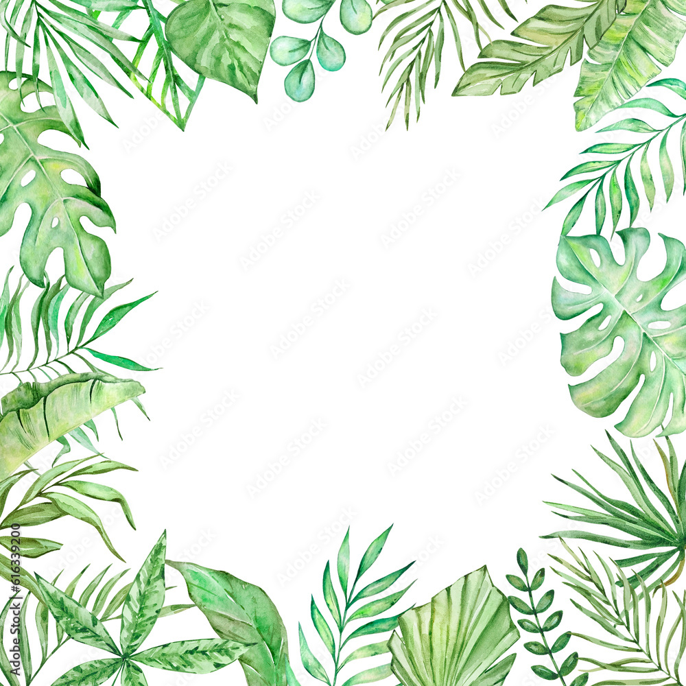 Frame square with watercolor tropical leaves