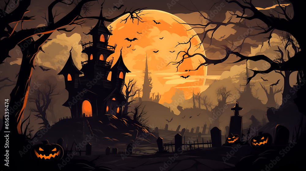Halloween scenery with full moon, graveyard, pumpkins, castle. AI generative