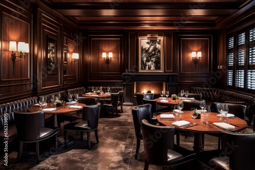 Elegant Steakhouse  Refined Dining Experience with Luxurious Dark Wood Paneling  AI