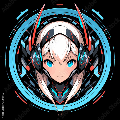Anime style game avatar. Anime mascot sport logo design. Gamer head vector illustration logo. Emblem design for eSports team. Character for sport and gaming logo concept. Black background.