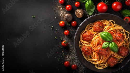 Italian spaghetti  and meatballs with basil and tomatoes on dark black board background  Plate of delicious pasta  text copy space  top down view  view from above  flat lay  generative ai