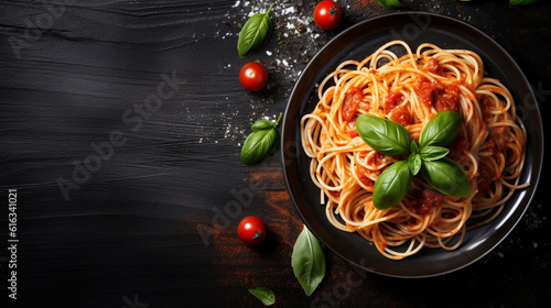 Photographie Italian spaghetti with basil garnish and herbs on black wooden board background,
