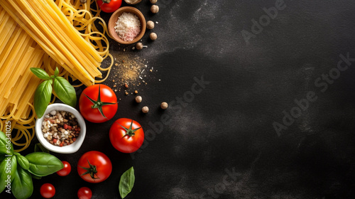 Italian spaghetti on dark black board background, above top view, text copy space, uncooked raw Italian pasta, tomatoes, basil, cooking ingredients on wooden table counter, flat lay, generative ai