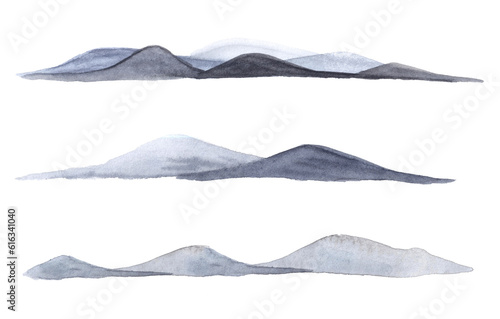Set of loose watercolor hills in blue grey colors.Scape with hills isolated on white background.Aquarelle element,environment concept.
