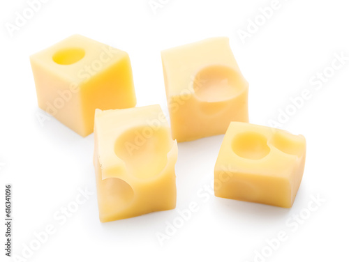 Cubes of tasty Swiss cheese isolated on white background