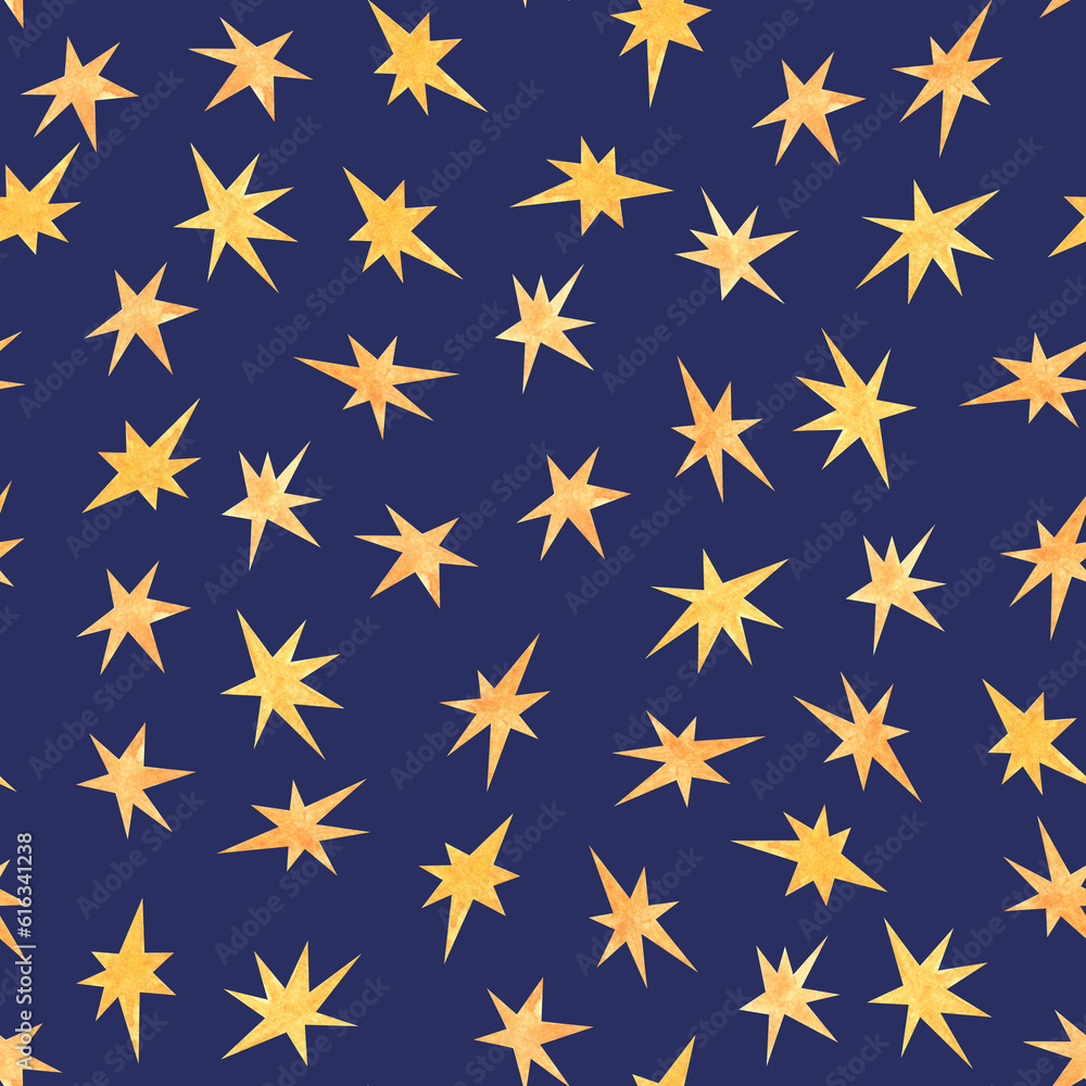 A lot of watercolor yellow stars as seamless pattern on violet backgound.Print bithday, b-day,christmas, new year cards,invitations.Aquarelle design elements A lot of watercolor yellow stars as seamless pattern on violet backgound.Print bithday, b-day,christmas, new year cards,invitations.Aquarelle design elements