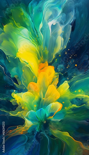Teal green yellow mixed paint fluid art, abstract colorful background wallpaper texture.