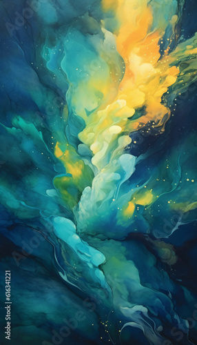 Teal green yellow mixed paint fluid art, abstract colorful background wallpaper texture.
