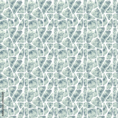 Watercolor textured seamless pattern mosaic with stone rocks in round, square and triangle shapes in grey green colores. Aquarelle designed for printing wrapper, fabric, scrapbooking