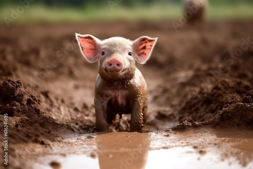 Wallpaper Mural Playful Piglet Covered in Mud Farm Adventure. AI