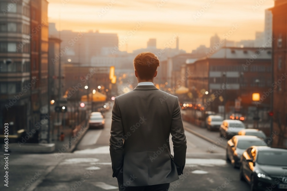 Cityscape Man in Suit Walking in Urban Environment from Behind. AI