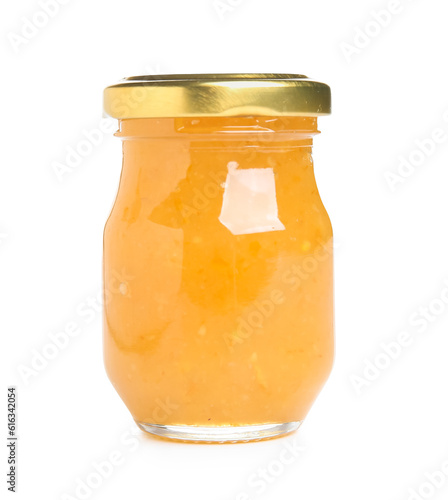 Jar of sweet jam isolated on white background