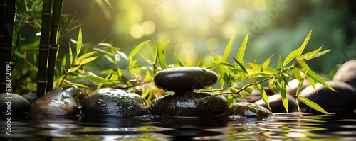Spa stones with flowers in water and green plants