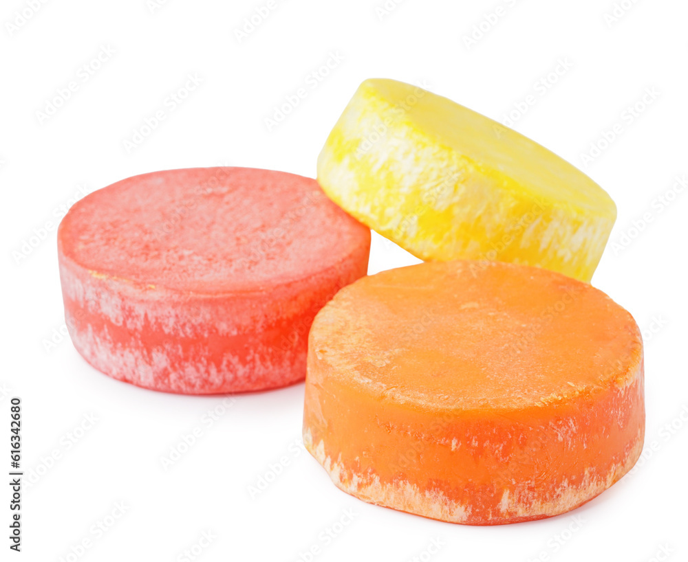 Colorful solid shampoo bars on white background Colorful solid shampoo bars on white background