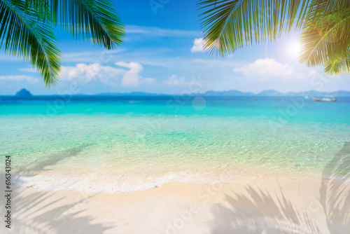 Fototapeta Naklejka Na Ścianę i Meble -  Tropical beautiful white sand beach and blue sky background, Summer vacation concept and copy space