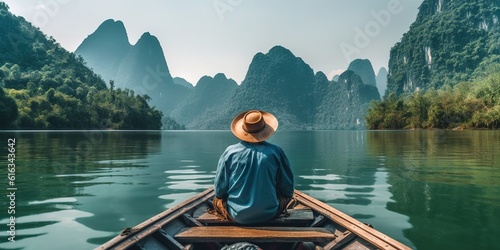 Photo of a man looking at a mountain view while sitting on a rock © Benjamin