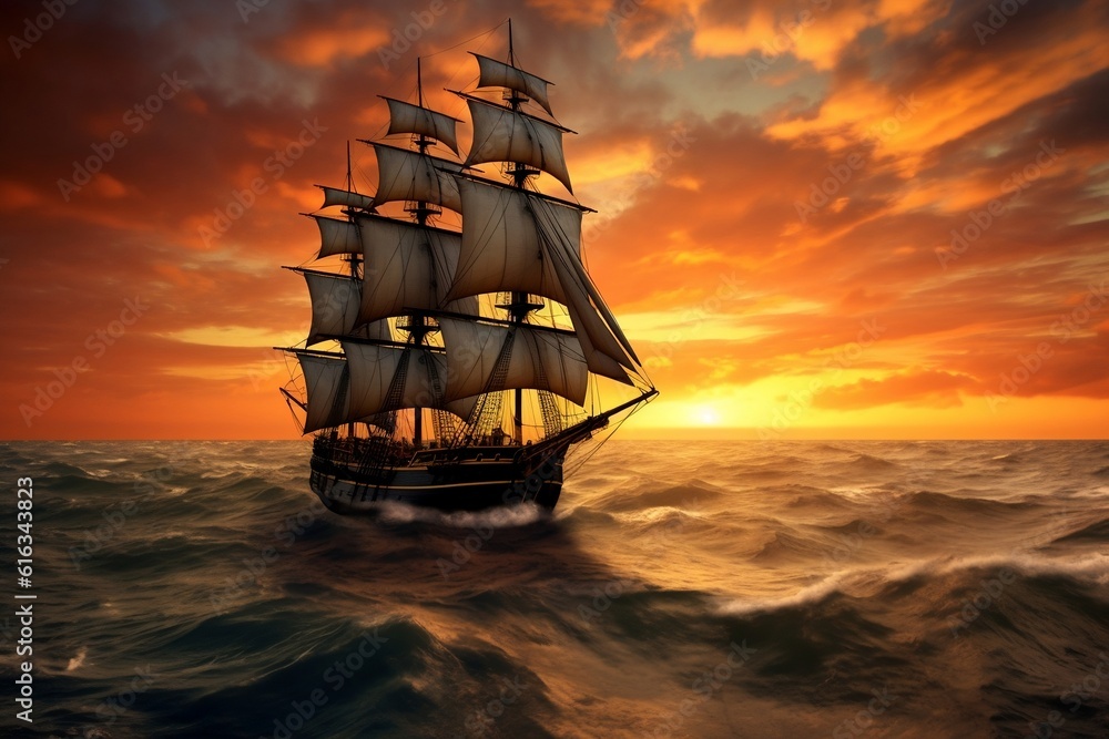 Majestic Sailing Ship Captivating Sunset Seascape. AI