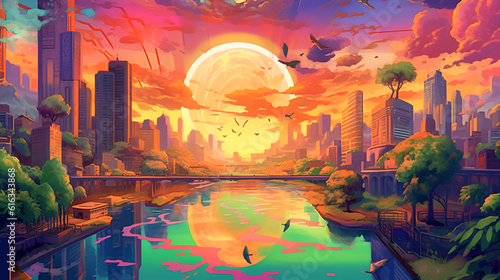 Sunset or sunrise with lake, nature landscape background. Evening or morning view. AI illustration. For wallpaper.