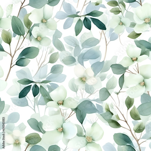 Seamless watercolor floral pattern - green flowers and leaves composition  perfect for wrappers  wallpapers  postcards  greeting cards  wedding invitations  romantic events. AI illustration.