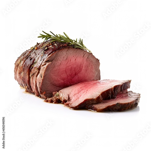 Photo of roast beef with on a white background