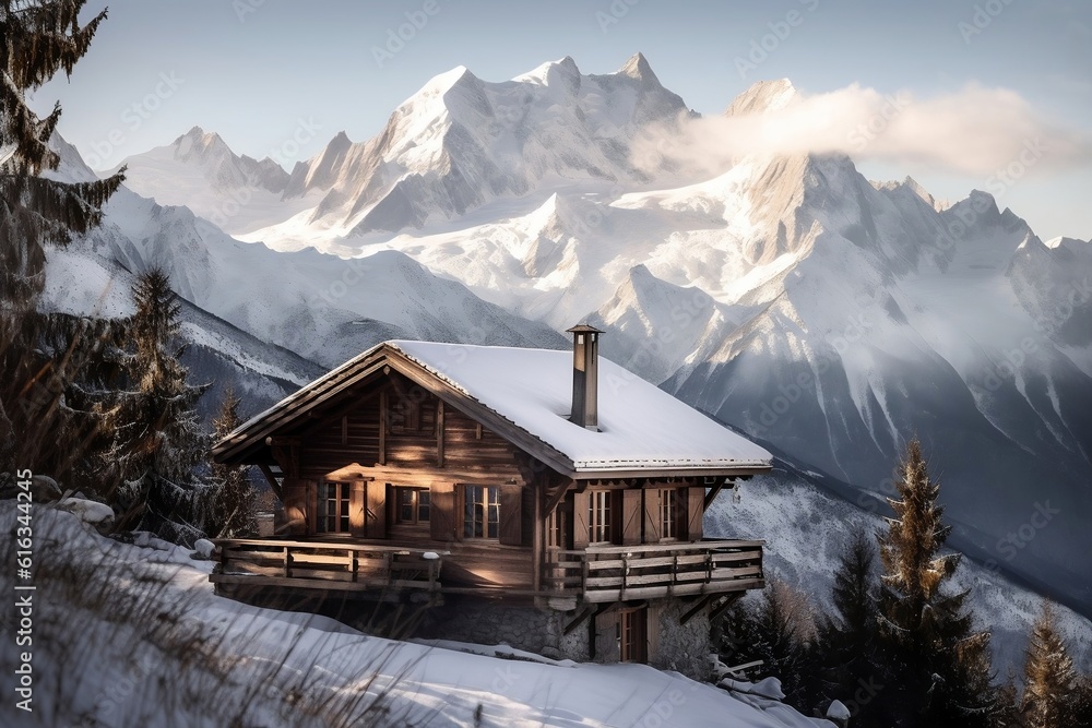 Snowy Mont Blanc Chalet: Cozy Wooden Retreat in the Mountains, AI
