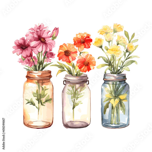 3 different Watercolor flower bouqet in a jar