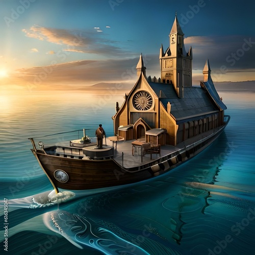 Steampunk Depths: Floating factory ship in the sea  © NDDJayasinghe