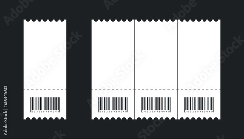 Set of Blank tickets or coupons with barcode, vector templates with copy space isolated on dark background. event, airplane, train, circus, sport, football invitation illustration