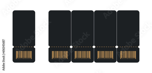 Set of Blank tickets or coupons with barcode, vector templates with copy space isolated on white background. event, airplane, train, circus, sport, football invitation illustration