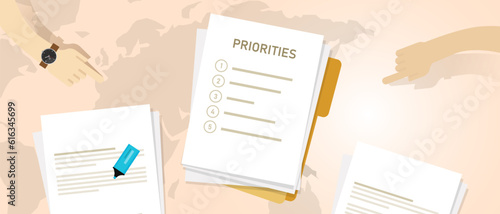 Priority list of priorities important task first prioritize to do action agenda paper folder