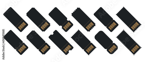 Set of Blank tickets or coupons with barcode, vector templates with copy space isolated on white background. event, airplane, train, circus, sport, football invitation illustration