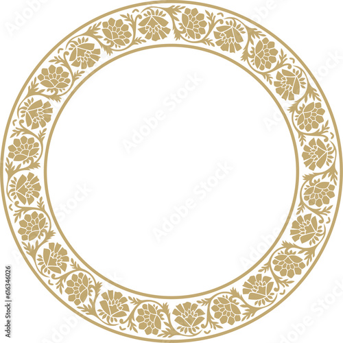 Vector round golden Indian national ornament. Ethnic plant circle, border. Frame, flower ring. Poppies and leaves..
