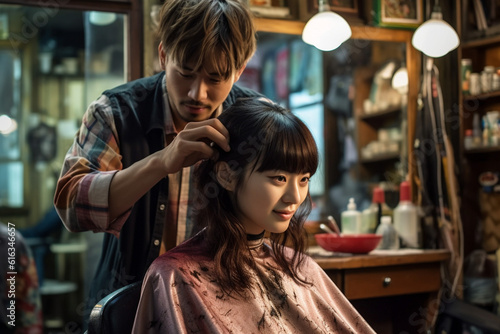 男性美容師と女性客：AI生成画像 © Kinapi